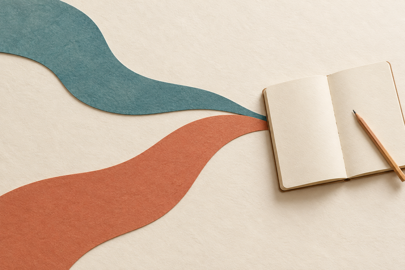 Two separate paper paths in teal and peach converge beside an open notebook, illustrating different approaches discussed together.