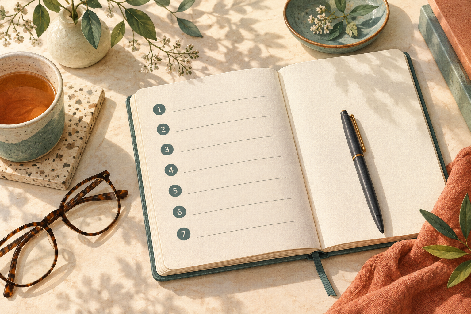 An open notebook with seven numbered lines beside a pen and folded reading glasses on a sunlit table.